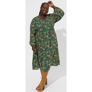 Torrid Midi Washable Gauze Smocked Bodice Long Sleeve Dress NWT